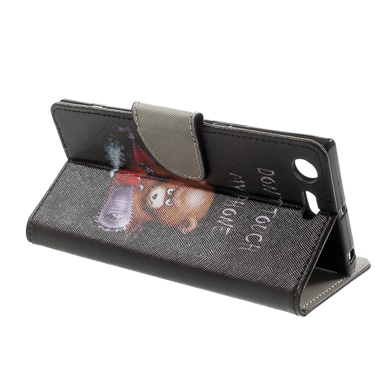 Patterned Leather Wallet Foldable Case for Sony Xperia XZ Premium - Angry Bear and Warning Words-4