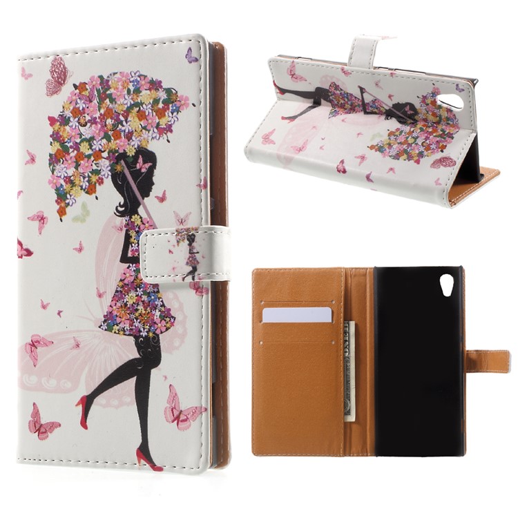 Pattern Printing Leather Wallet Case for Sony Xperia XA1 - Flowered Girl Holding Umbrella-1