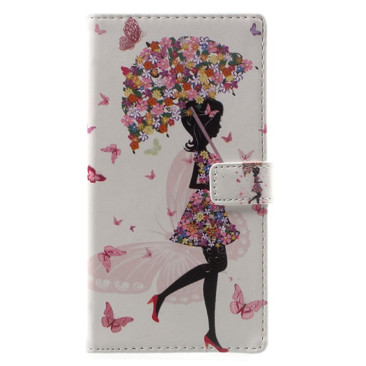 Pattern Printing Leather Wallet Case for Sony Xperia XA1 - Flowered Girl Holding Umbrella-2