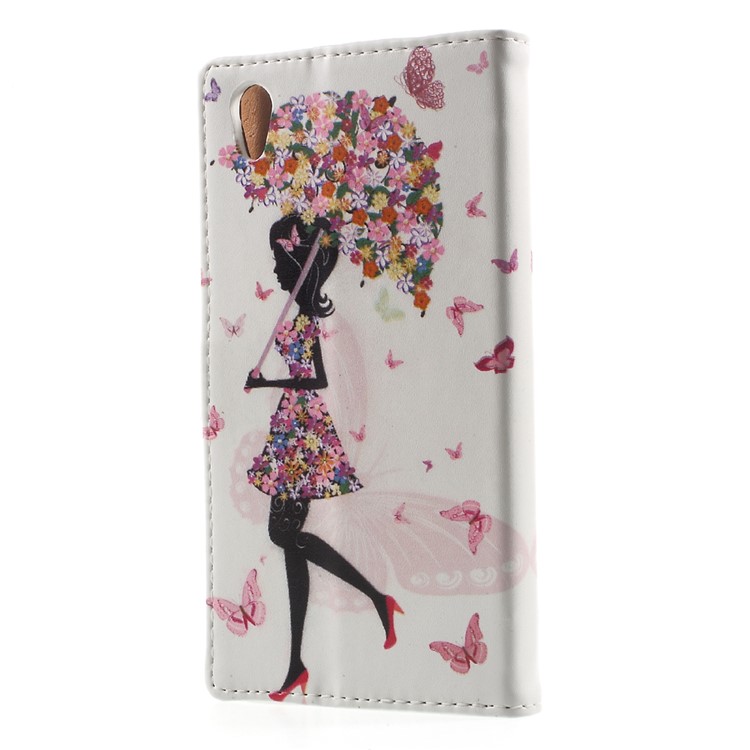 Pattern Printing Leather Wallet Case for Sony Xperia XA1 - Flowered Girl Holding Umbrella-3