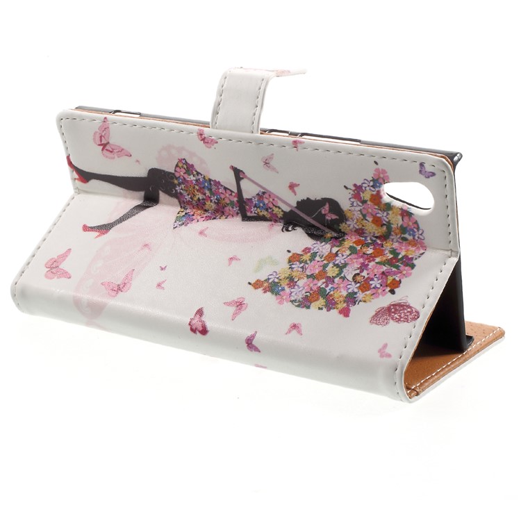 Pattern Printing Leather Wallet Case for Sony Xperia XA1 - Flowered Girl Holding Umbrella-4