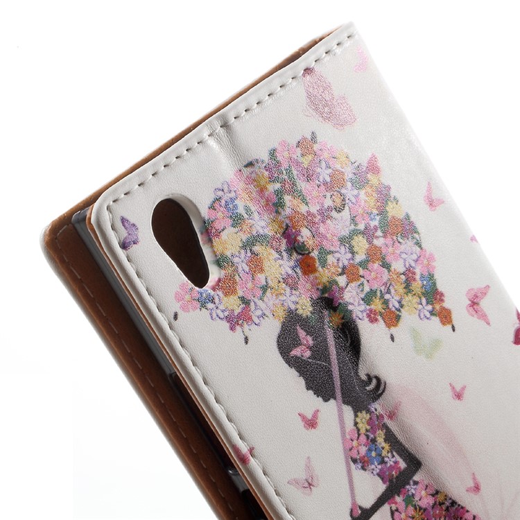 Pattern Printing Leather Wallet Case for Sony Xperia XA1 - Flowered Girl Holding Umbrella-8