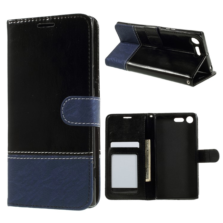 Contrast Color PU Leather Wallet Mobile Casing for Sony Xperia XZ Premium - Black / Blue-1