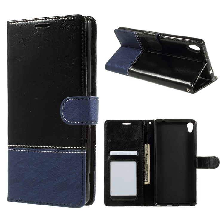 Contrast Color PU Leather Wallet Stand Mobile Casing for Sony Xperia XA1 Ultra - Black and Blue-1