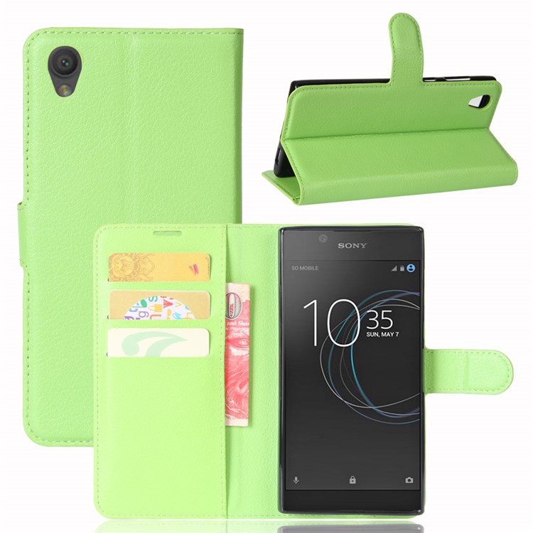 Litchi Skin Leather Stand Cover with Card Slots for Sony Xperia L1 - Green-1