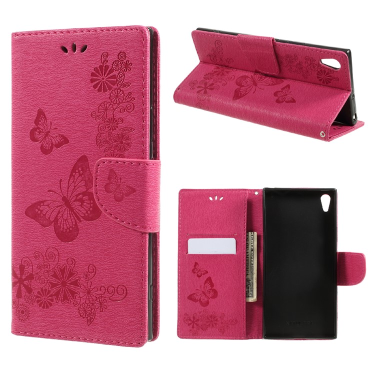 Imprinted Butterfly Flowers Wallet Leather Protective Cover with Lanyard for Sony Xperia XA1 - Rose-1