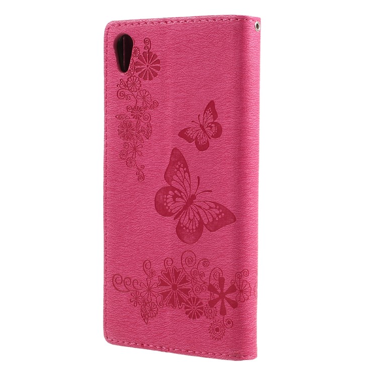 Imprinted Butterfly Flowers Wallet Leather Protective Cover with Lanyard for Sony Xperia XA1 - Rose-2