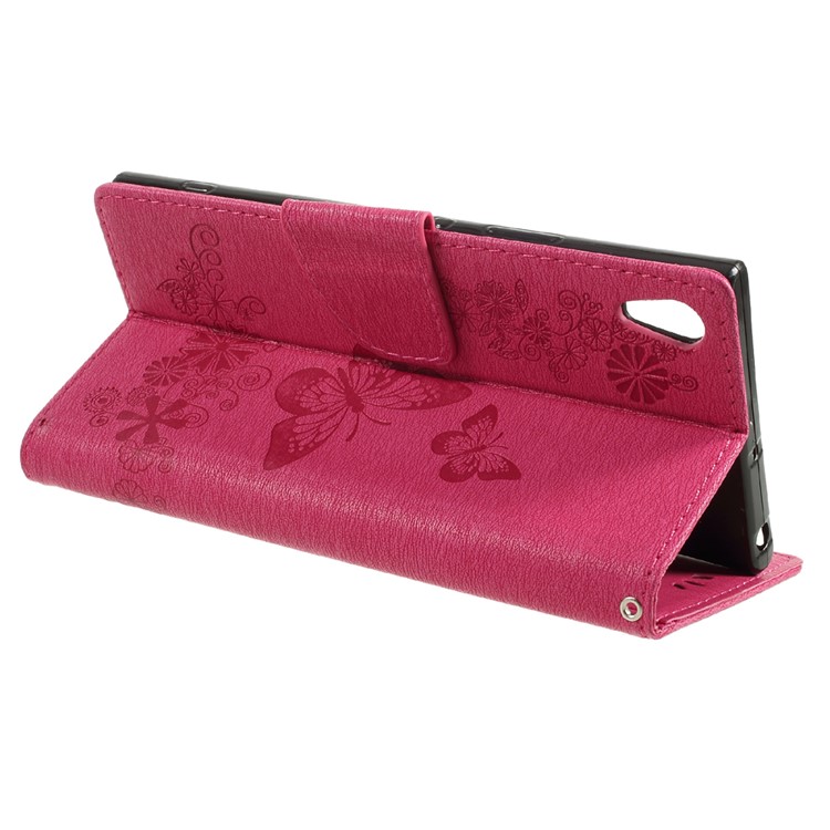 Imprinted Butterfly Flowers Wallet Leather Protective Cover with Lanyard for Sony Xperia XA1 - Rose-4