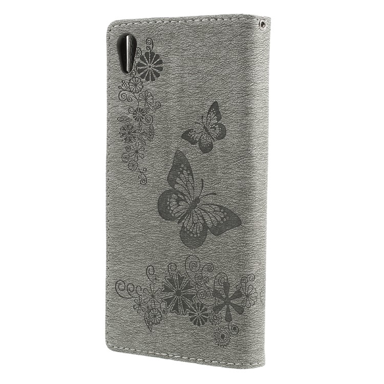 Imprinted Butterfly Flowers PU Leather Folio Wallet Case Cover with Lanyard for Sony Xperia XA1 Ultra - Grey-2
