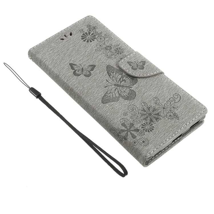 Imprinted Butterfly Flowers PU Leather Folio Wallet Case Cover with Lanyard for Sony Xperia XA1 Ultra - Grey-6
