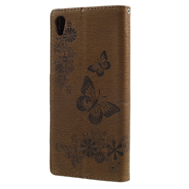 Imprinted Butterfly Flowers Wallet Leather Phone Cover Shell with Lanyard for Sony Xperia XA1 Ultra - Brown-2