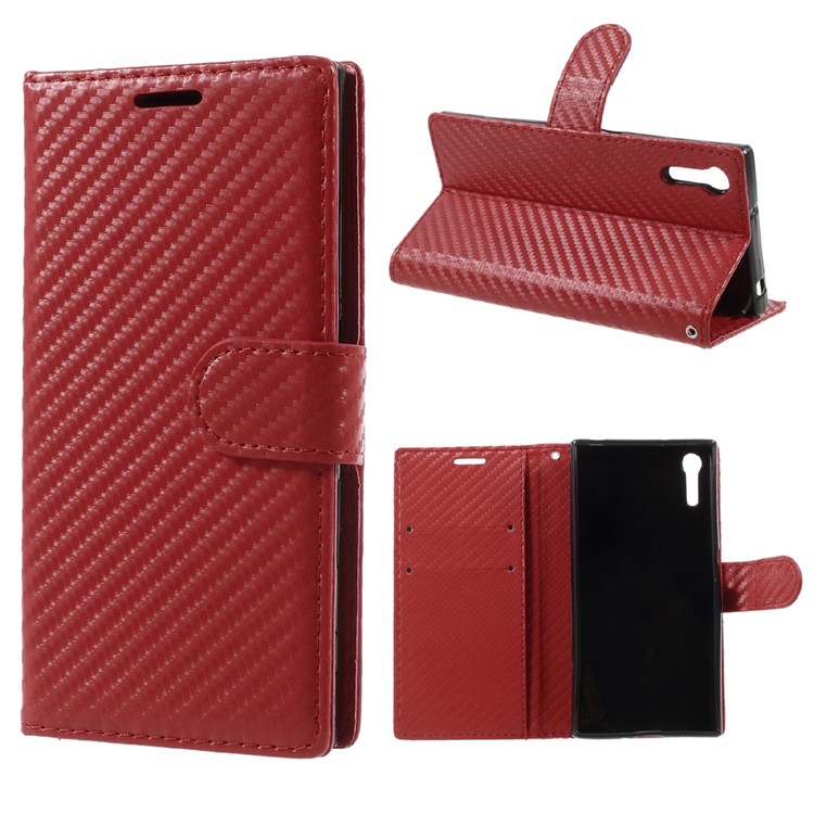 For Sony Xperia XZs / XZ Carbon Fiber Skin Wallet Stand Leather Mobile Phone Case - Red-1