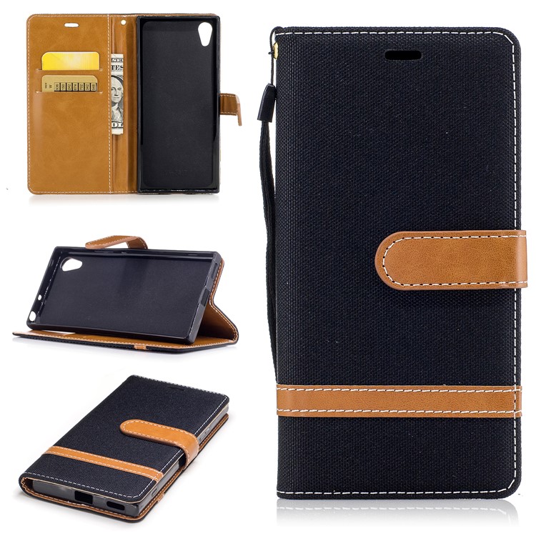 Jean Cloth Leather Card Holder Mobile Protective Case for Sony Xperia XA1 - Black-1