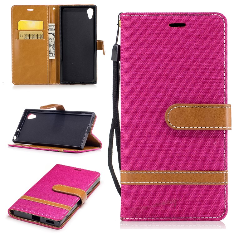 Jean Cloth Leather Card Holder Phone Case Accessory for Sony Xperia XA1 - Rose-1