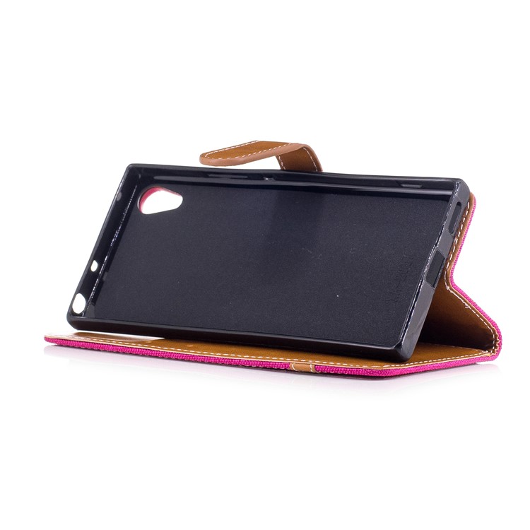 Jean Cloth Leather Card Holder Phone Case Accessory for Sony Xperia XA1 - Rose-5