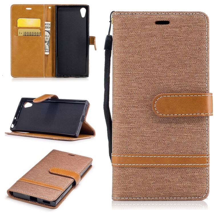 Two-tone Jean Cloth Leather Wallet Case with Stand for Sony Xperia XA1 - Khaki-1