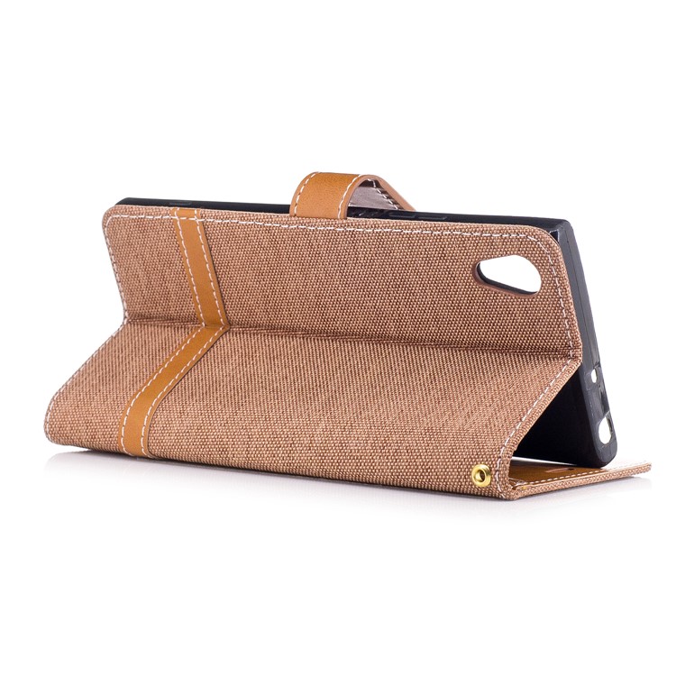 Two-tone Jean Cloth Leather Wallet Case with Stand for Sony Xperia XA1 - Khaki-4