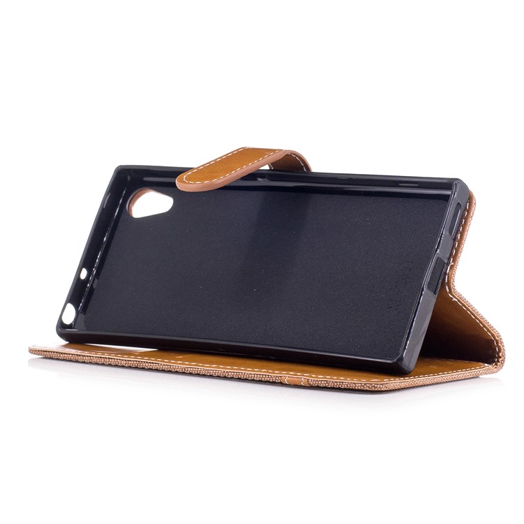 Two-tone Jean Cloth Leather Wallet Case with Stand for Sony Xperia XA1 - Khaki-5