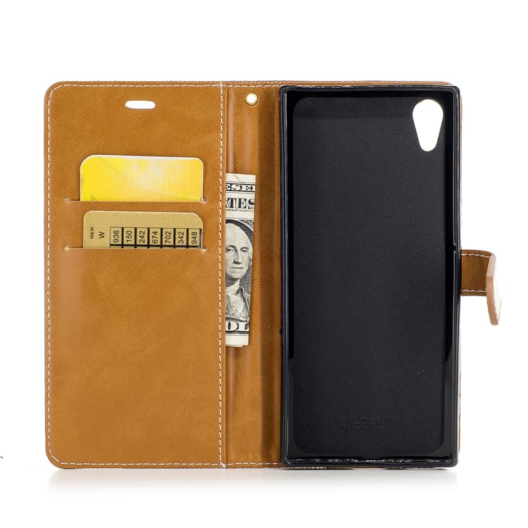 Two-tone Jean Cloth Leather Wallet Case with Stand for Sony Xperia XA1 - Khaki-8
