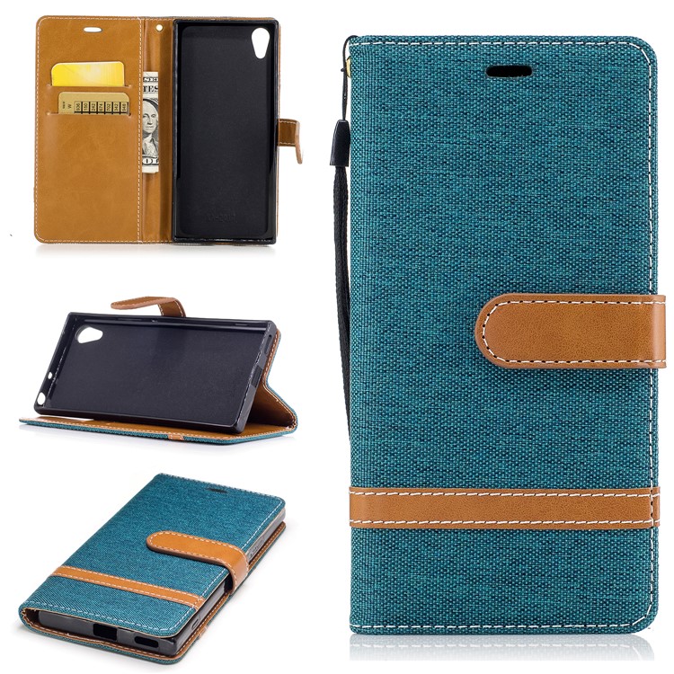 Jean Cloth Leather Card Holder Cell Casing for Sony Xperia XA1 - Cyan-1
