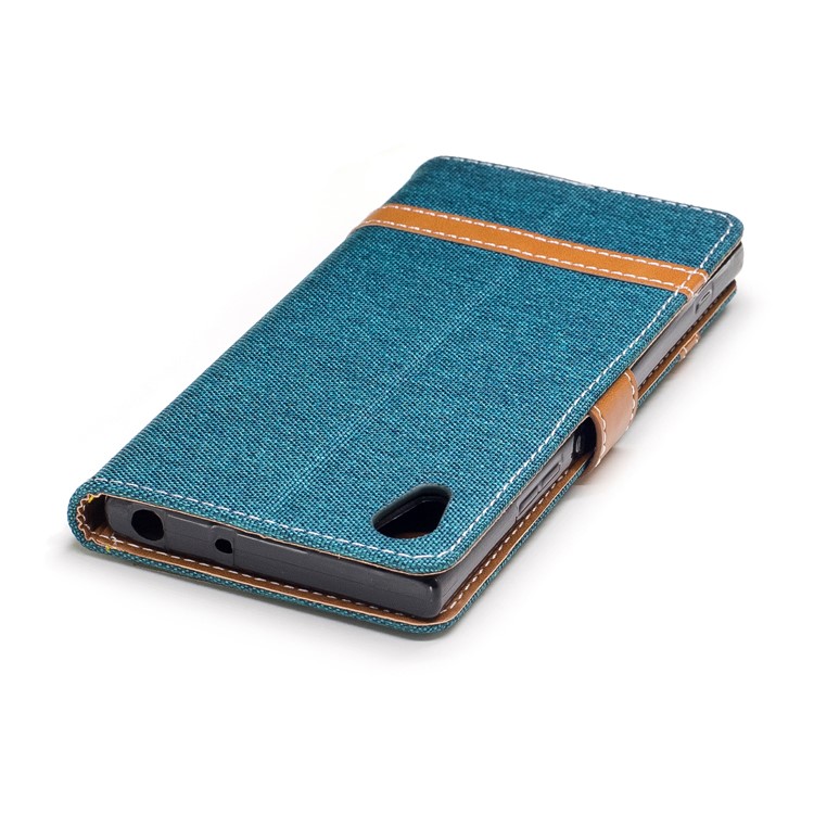 Jean Cloth Leather Card Holder Cell Casing for Sony Xperia XA1 - Cyan-7