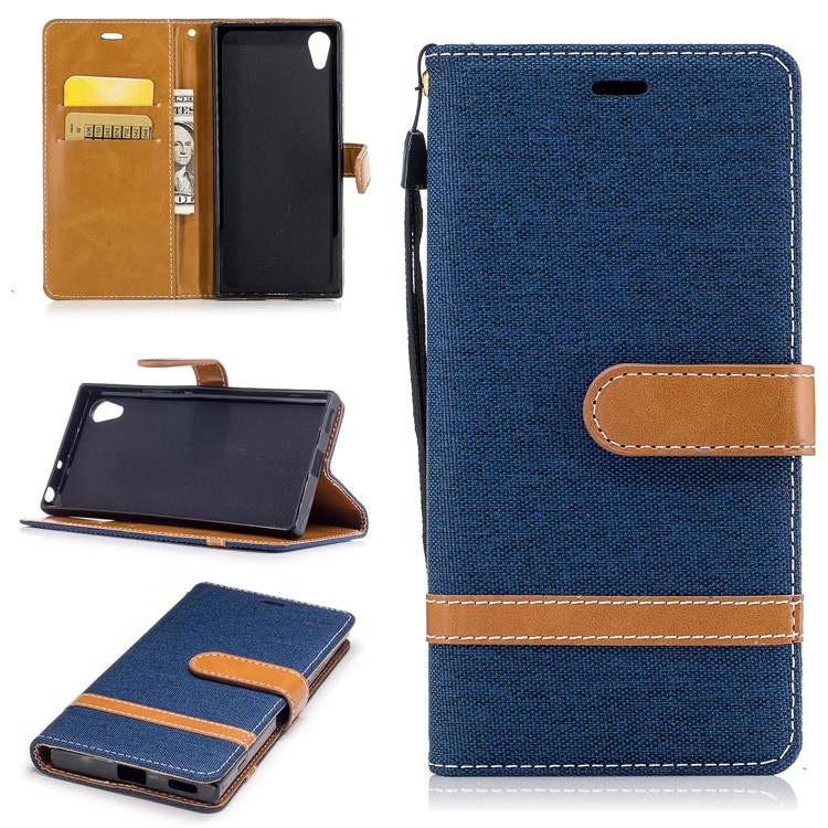Two-tone Jean Cloth Leather Wallet Stand Case for Sony Xperia XA1 - Dark Blue-1