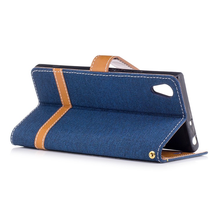 Two-tone Jean Cloth Leather Wallet Stand Case for Sony Xperia XA1 - Dark Blue-4