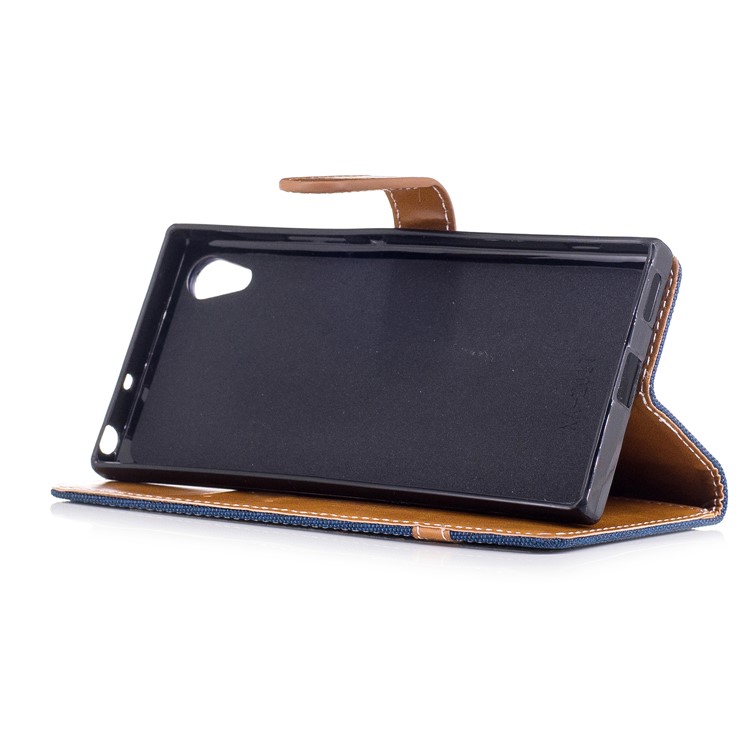 Two-tone Jean Cloth Leather Wallet Stand Case for Sony Xperia XA1 - Dark Blue-5