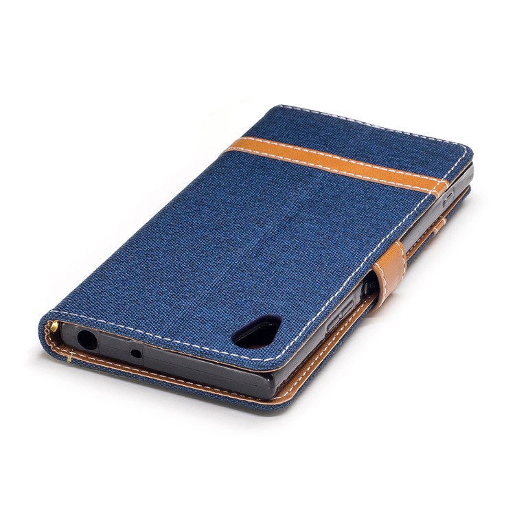 Two-tone Jean Cloth Leather Wallet Stand Case for Sony Xperia XA1 - Dark Blue-7