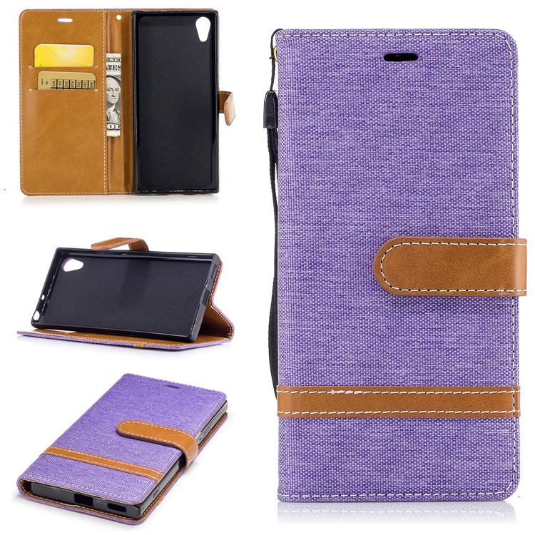 Jean Cloth Leather Card Holder Mobile Case for Sony Xperia XA1 - Purple-1