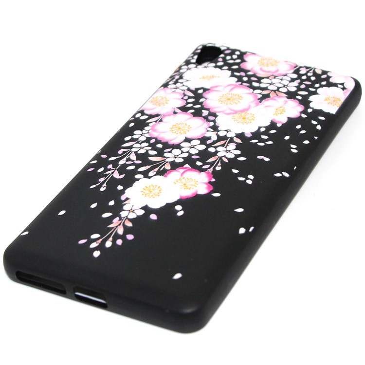 Rubberized Embossed Pattern Printing TPU Case with Electroplating Buttons for Sony Xperia E5 - Sakura-2