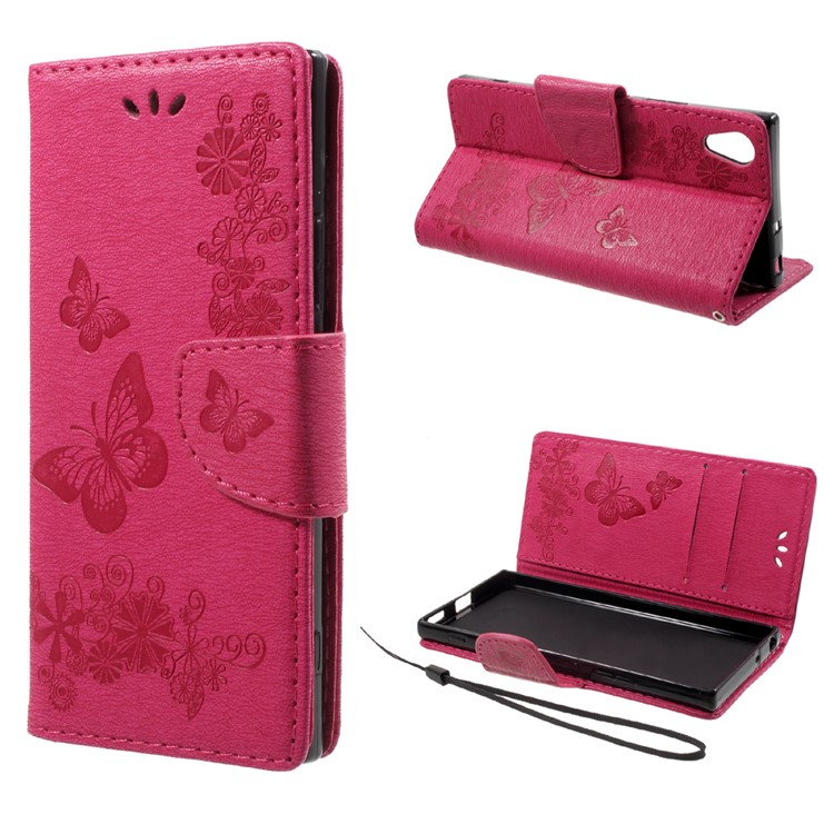 Imprinted Butterfly Flowers Leather Wallet Phone Shell for Sony Xperia XA1 - Rose-1