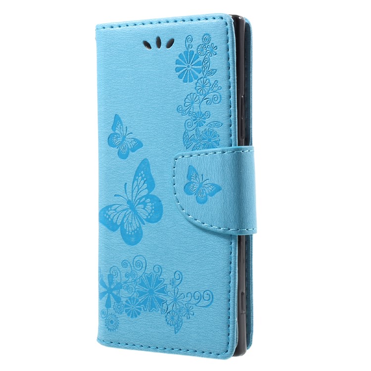 Impressora Borboleta Flores Couro Carteira Acessório Telefone Shell para Sony Xperia XA1 - Azul-3