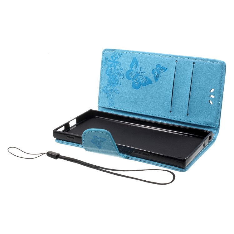 Impressora Borboleta Flores Couro Carteira Acessório Telefone Shell para Sony Xperia XA1 - Azul-5