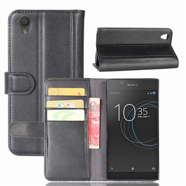 Genuine Split Leather Wallet Phone Casing Shell with Stand for Sony Xperia L1 - Black-1