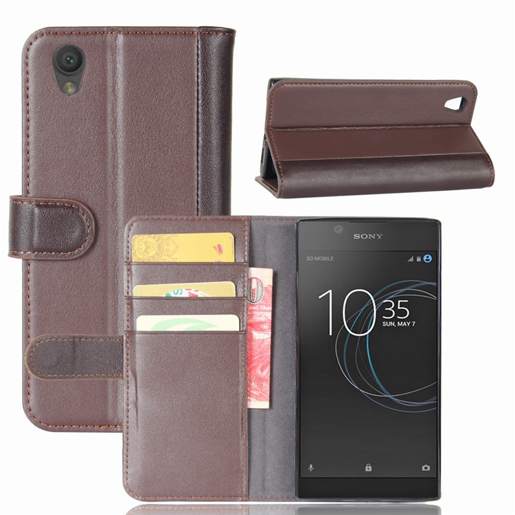 Genuine Split Leather Wallet Phone Cover with Stand for Sony Xperia L1 - Brown-1