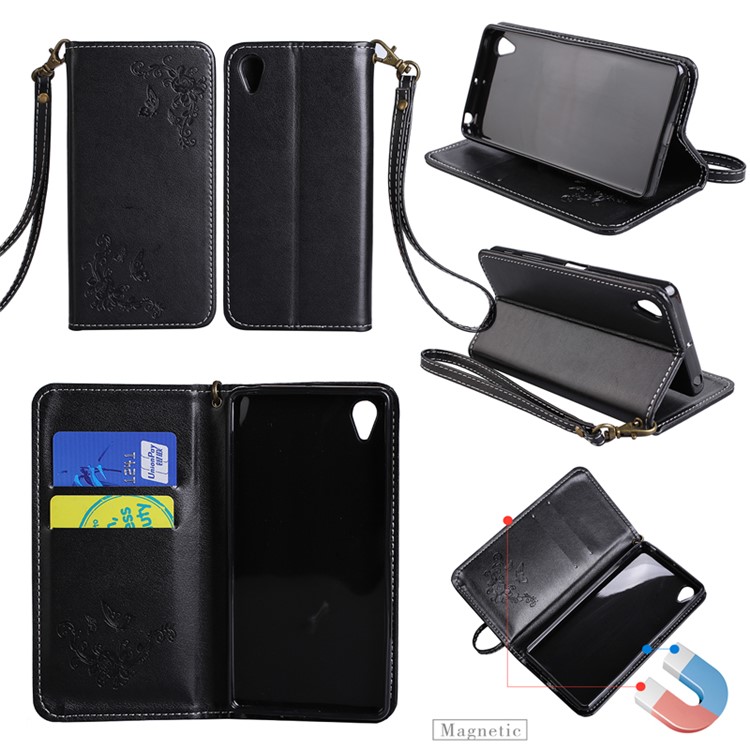 Auto-absorbed Imprint Butterfly Flower Leather Card Slots Case for Sony Xperia XA1 - Black-1