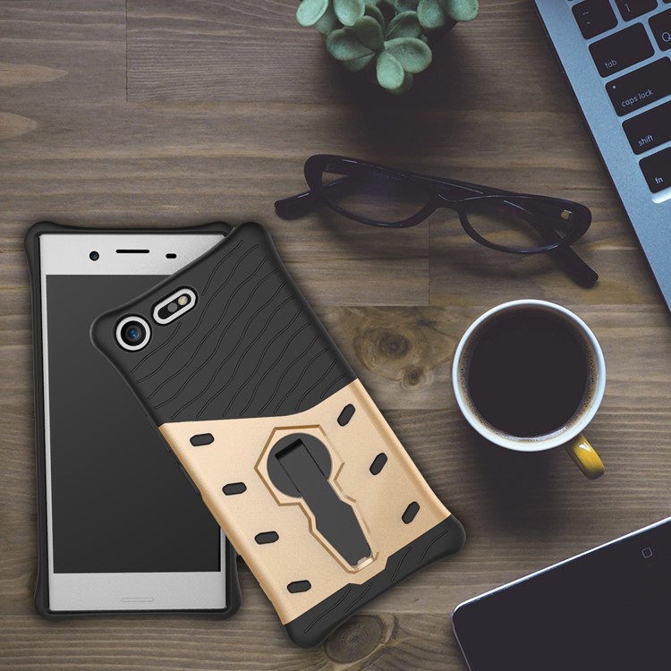 Soft TPU + Plastic Detachable Cell Phone Shell with 360-degree Rotary Kickstand for Sony Xperia XZ Premium - Gold-1