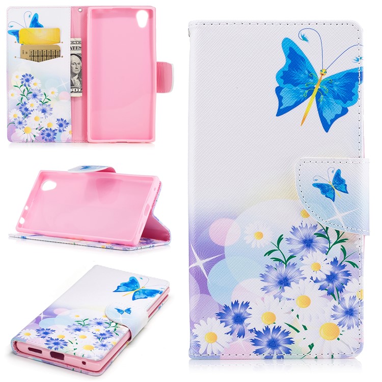 Pattern Printing Magnetic Leather Wallet Phone Casing with Stand for Sony Xperia L1 - Purple Flowers, Butterfly and daisy-1