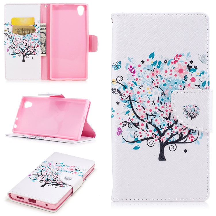 Magnetic Leather Wallet Cell Phone Cover for Sony Xperia L1 - Butterfly on Tree with Blossoming Flowers-1