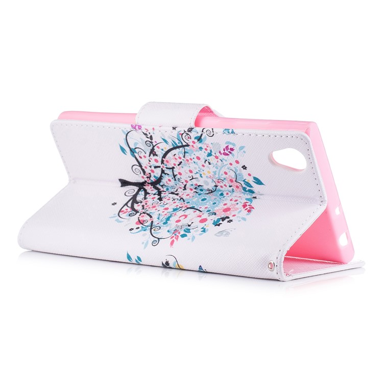 Magnetic Leather Wallet Cell Phone Cover for Sony Xperia L1 - Butterfly on Tree with Blossoming Flowers-4