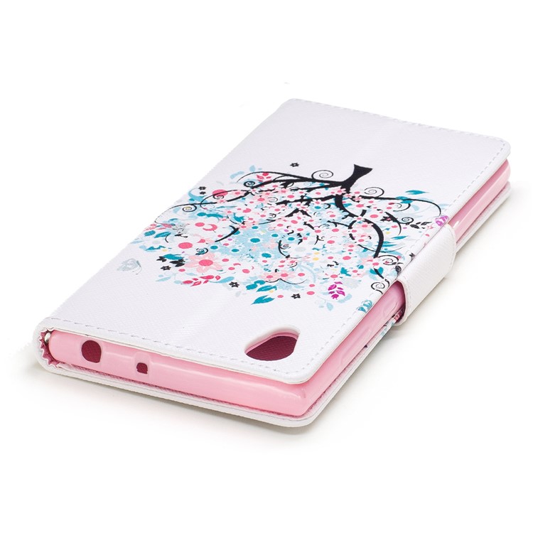 Magnetic Leather Wallet Cell Phone Cover for Sony Xperia L1 - Butterfly on Tree with Blossoming Flowers-7