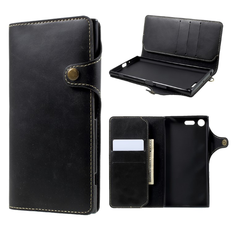 Button Closure PU Leather Mobile Accessory Phone Cover with Lanyard for Sony Xperia XZ Premium - Black-1