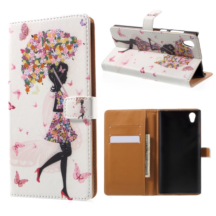 Pattern Printing Wallet Leather Stand Shell Cover for Sony Xperia L1 - Flowered Girl Holding Umbrella-1