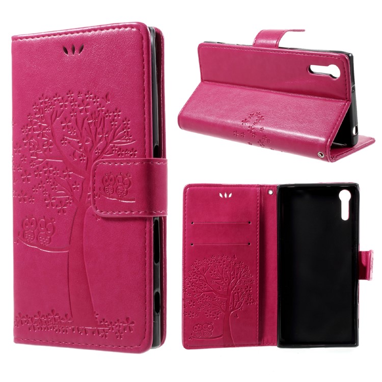 Imprint Tree Owl Magnetic Wallet Leather Stand Case for Sony Xperia XZ/Xperia XZs - Rose-1