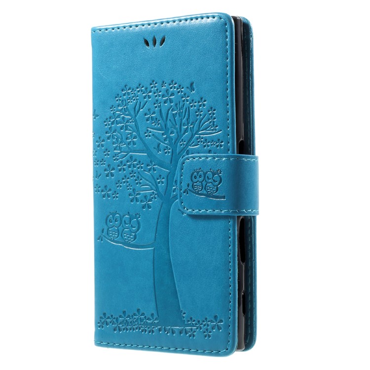 Imprint Tree Owl Wallet Leather Magnetic Stand Case Shell for Sony Xperia XZ/Xperia XZs - Blue-3