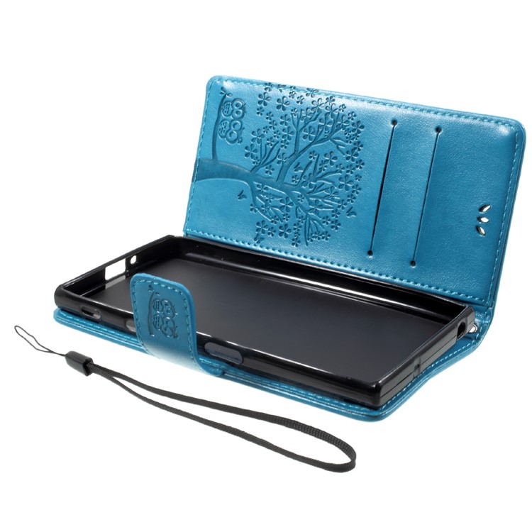 Imprint Tree Owl Wallet Leather Magnetic Stand Case Shell for Sony Xperia XZ/Xperia XZs - Blue-5