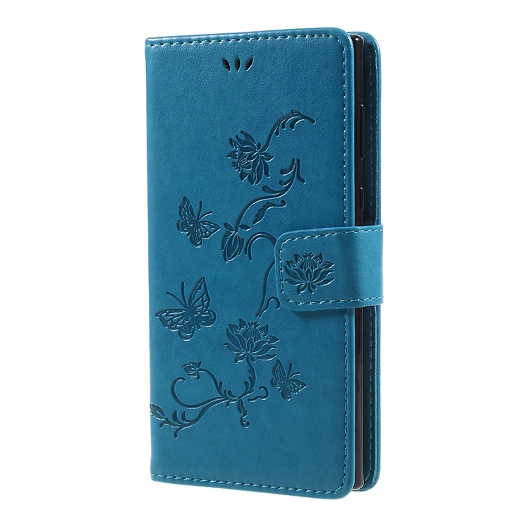 Imprint Butterfly Flower Magnetic Wallet PU Leather Stand Cell Phone Shell for Sony Xperia L1 - Blue-1