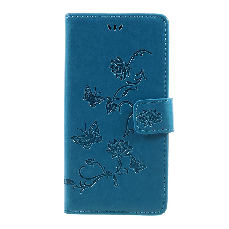 Imprint Butterfly Flower Magnetic Wallet PU Leather Stand Cell Phone Shell for Sony Xperia L1 - Blue-3
