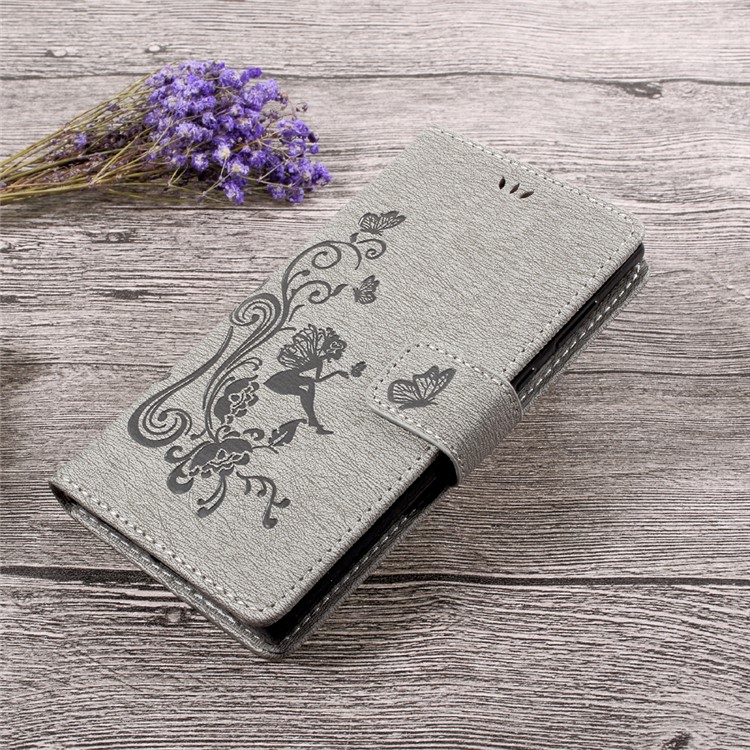 Imprint Fairy Butterfly and Flower Leather Wallet Stand Case for Sony Xperia L1 - Grey-1